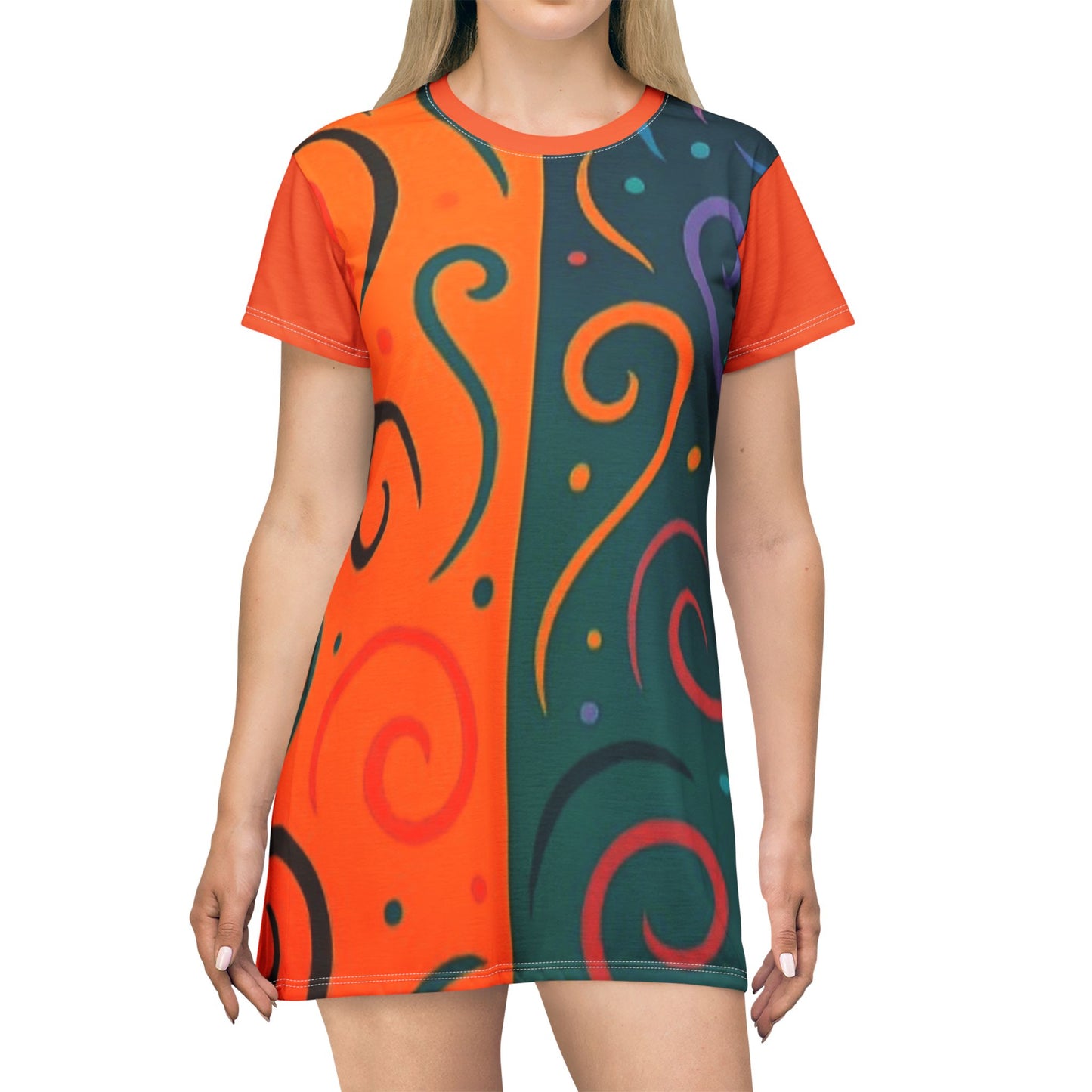 Split Design Orange Teal T-Shirt Dress Lightweight Comfortable Chic Dress for Festivals Summer Vacations Casual Outings