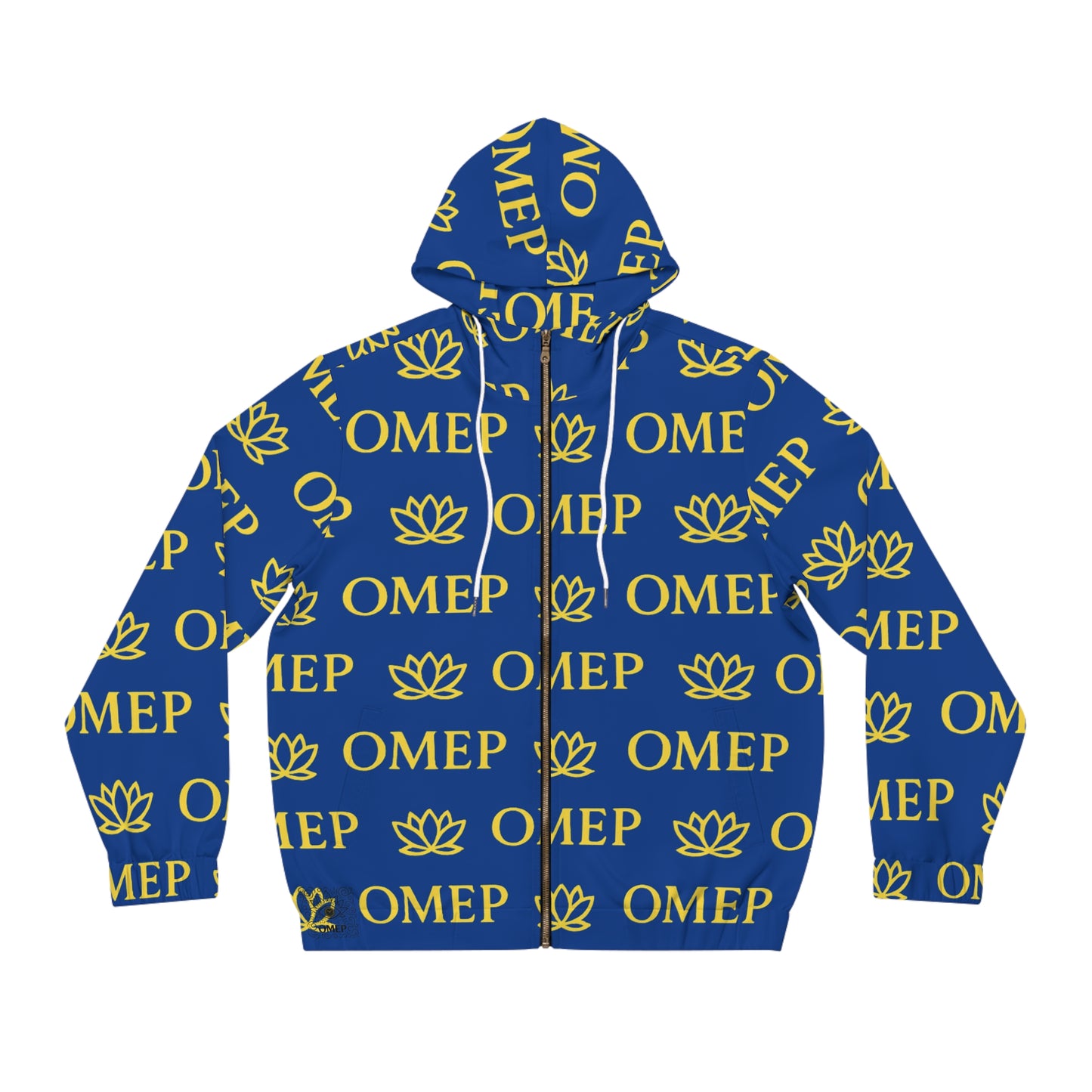 OMEP Blue Hoodie with Golden Monogram Men's Full-Zip Hoodie with Lotus Design,