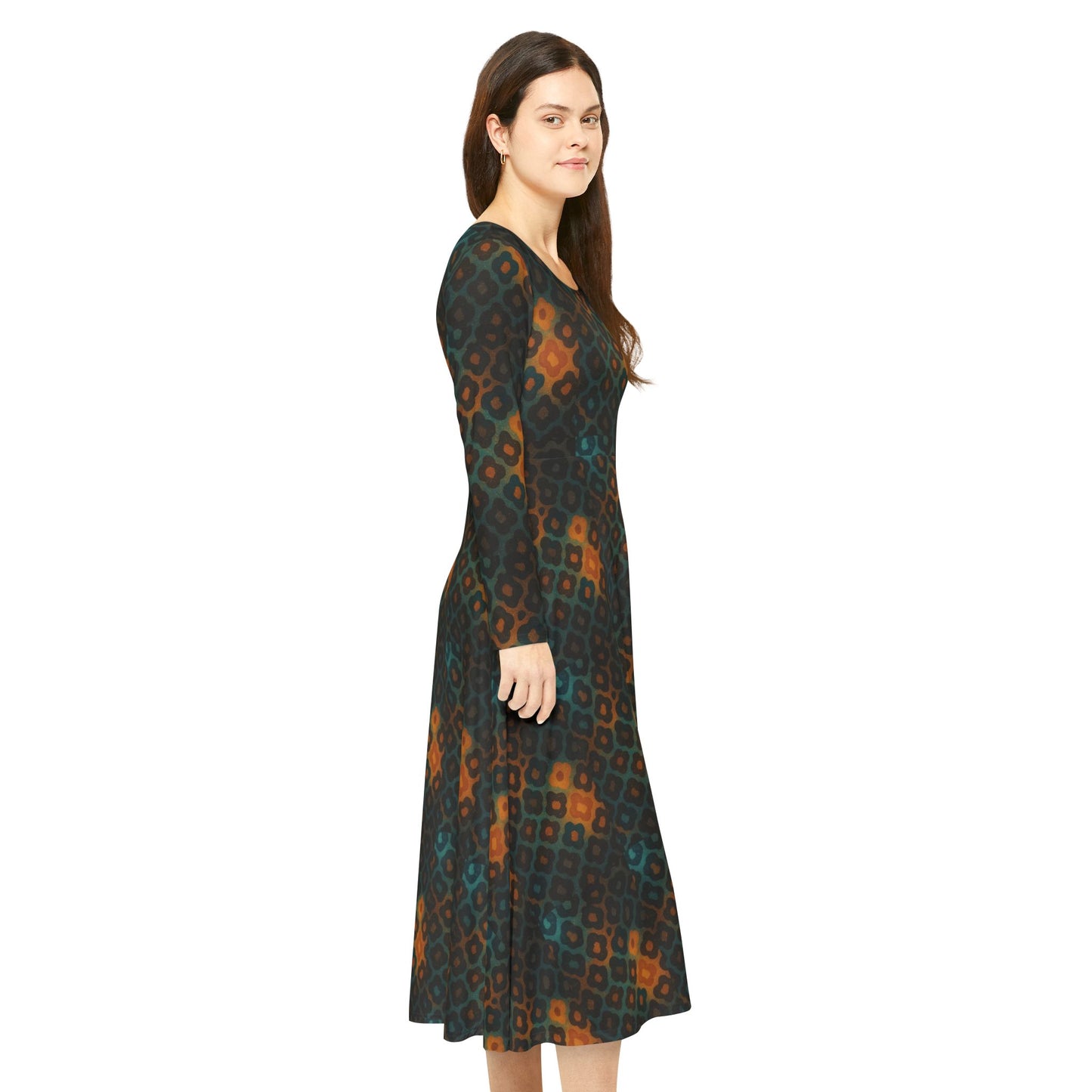 Women's Earth-Toned Diamond Long-Sleeve Dress Perfect for Parties, Festivals, and Dancing, AOP Dress with Unique Print