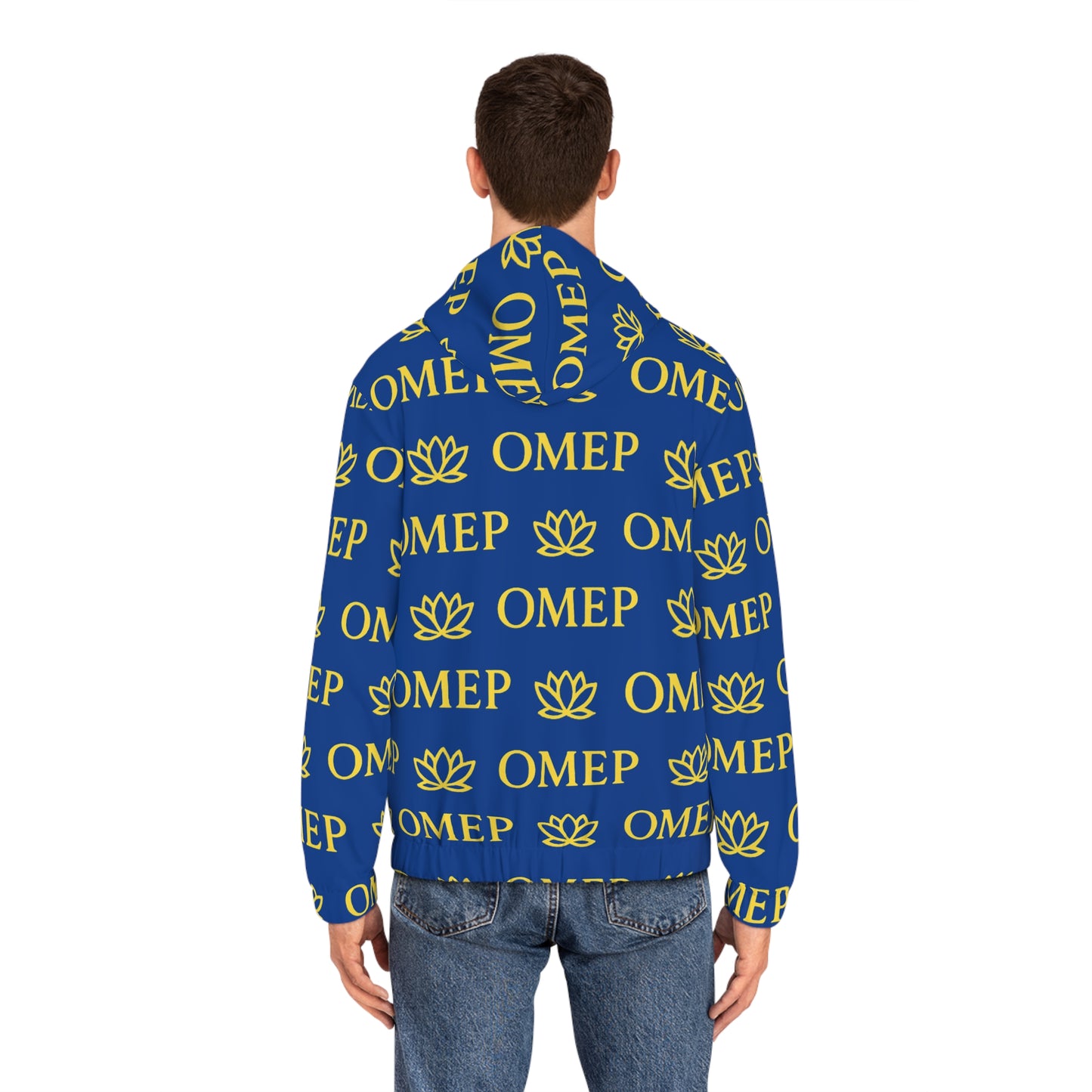 OMEP Blue Hoodie with Golden Monogram Men's Full-Zip Hoodie with Lotus Design,