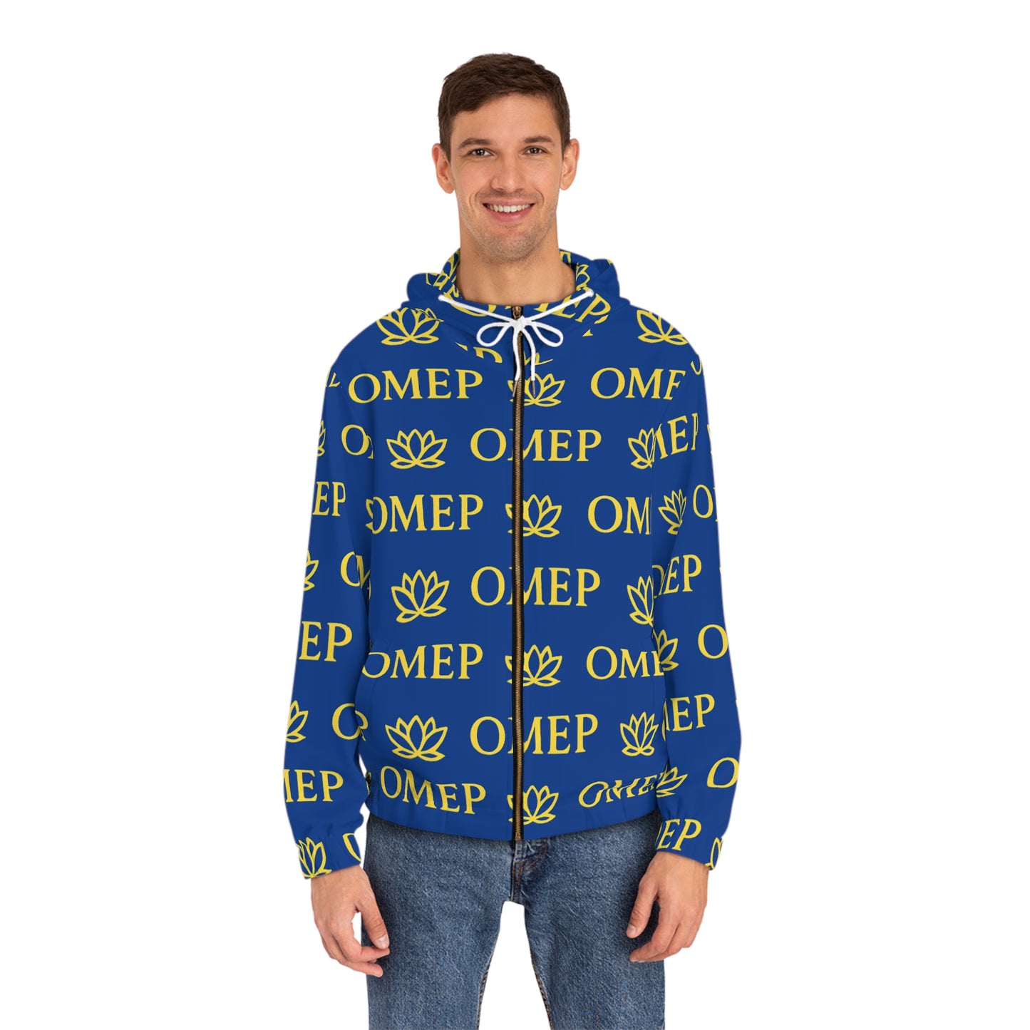 OMEP Blue Hoodie with Golden Monogram Men's Full-Zip Hoodie with Lotus Design,