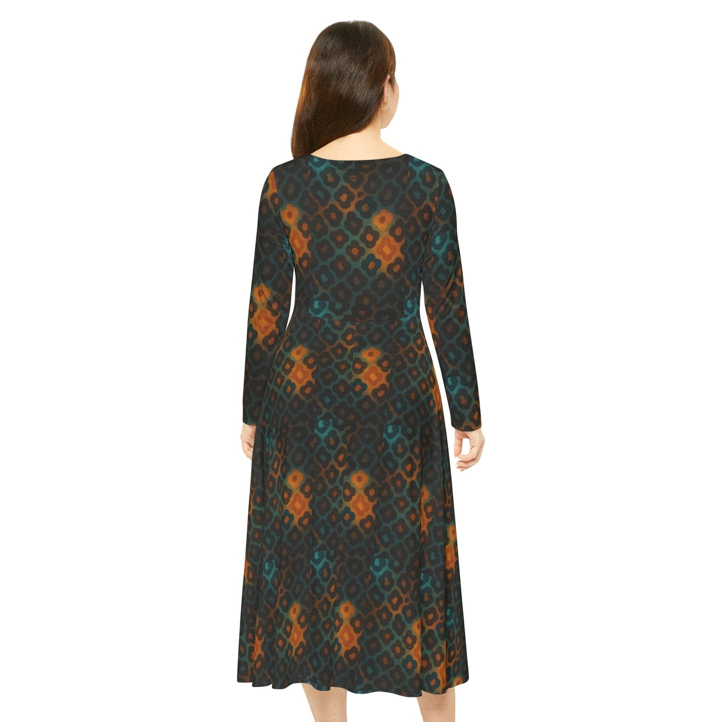 Women's Earth-Toned Diamond Long-Sleeve Dress Perfect for Parties, Festivals, and Dancing, AOP Dress with Unique Print