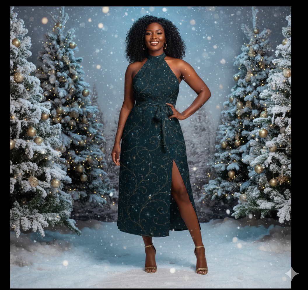 Silent Night Luxe Dress – Halter Maxi with Constellation Print