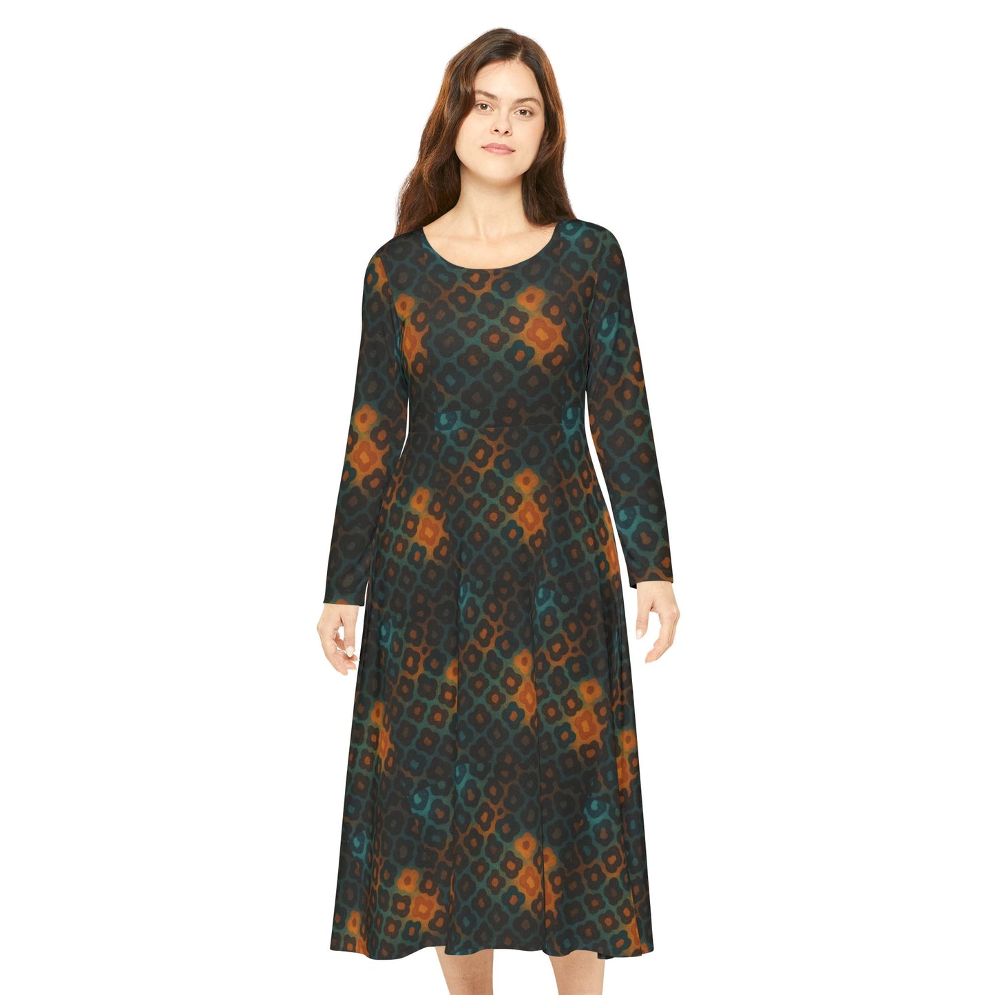 Women's Earth-Toned Diamond Long-Sleeve Dress Perfect for Parties, Festivals, and Dancing, AOP Dress with Unique Print