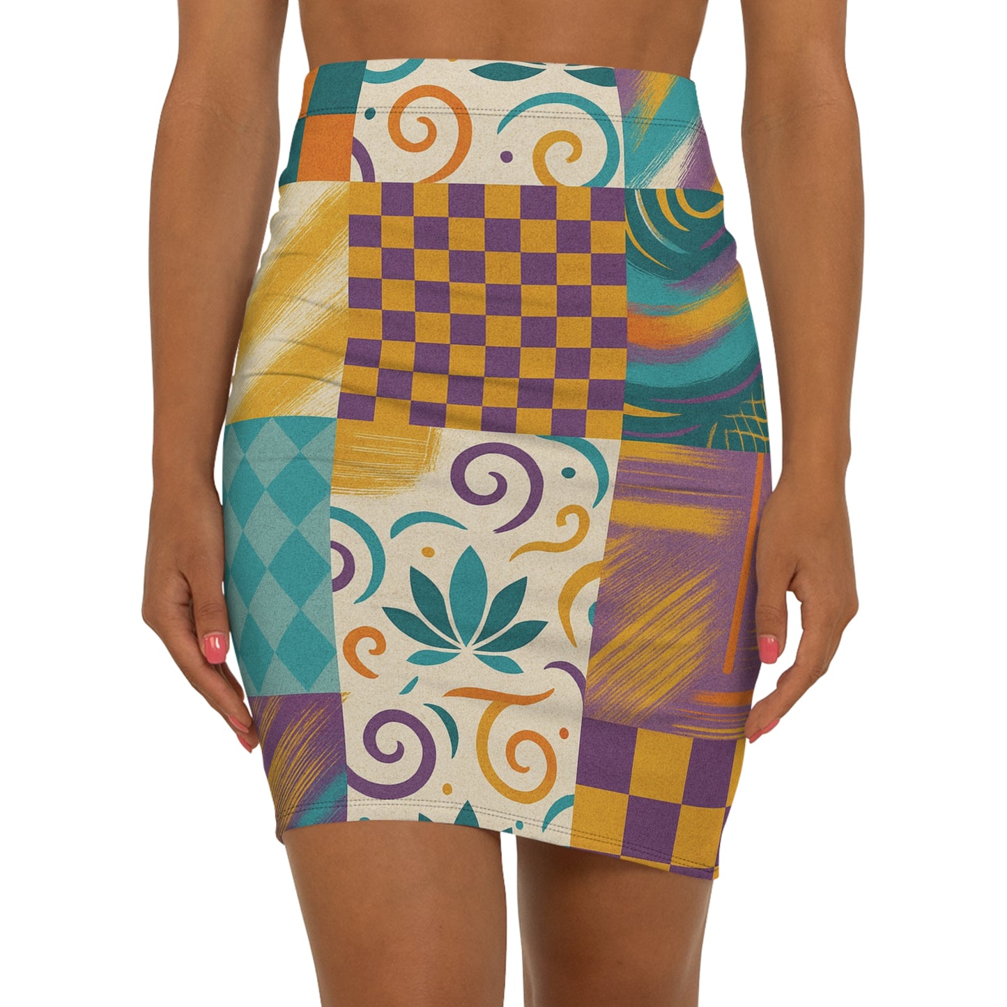 OMEP Patchwork Vibe Women's Mid-Waist Pencil Skirt, Colorful Printed Skirt for Casual Outings, Office Wear, Holiday Parties, Stylish Summer Fashion