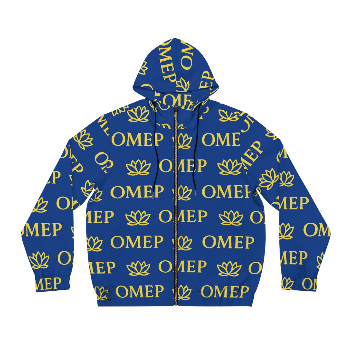 OMEP Blue Hoodie with Golden Monogram Men's Full-Zip Hoodie with Lotus Design,