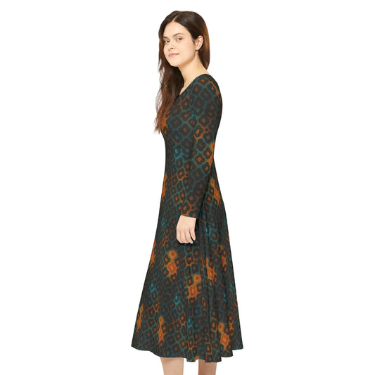 Women's Earth-Toned Diamond Long-Sleeve Dress Perfect for Parties, Festivals, and Dancing, AOP Dress with Unique Print