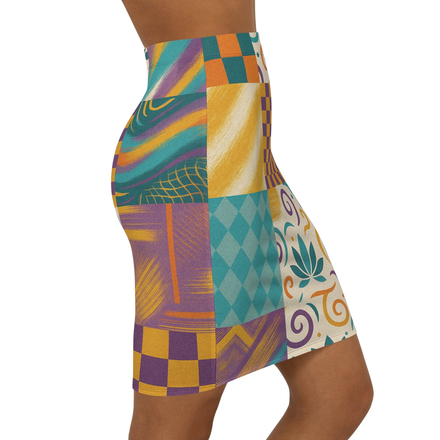 OMEP Patchwork Vibe Women's Mid-Waist Pencil Skirt, Colorful Printed Skirt for Casual Outings, Office Wear, Holiday Parties, Stylish Summer Fashion