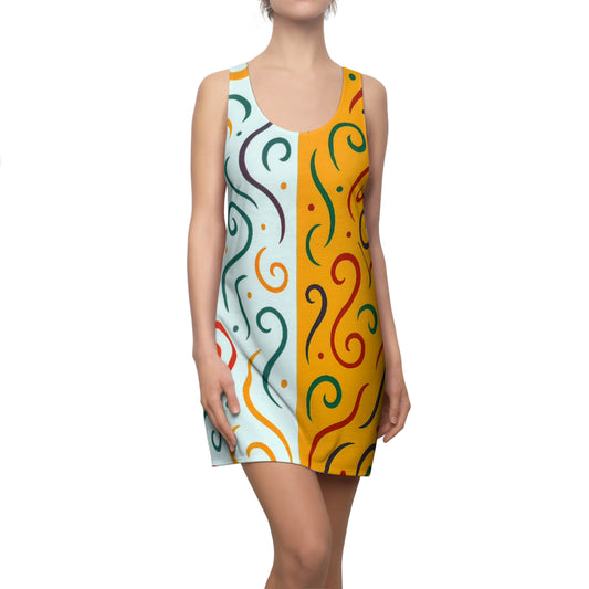 Racerback Dress White & Orange Split Design Swirl Accents