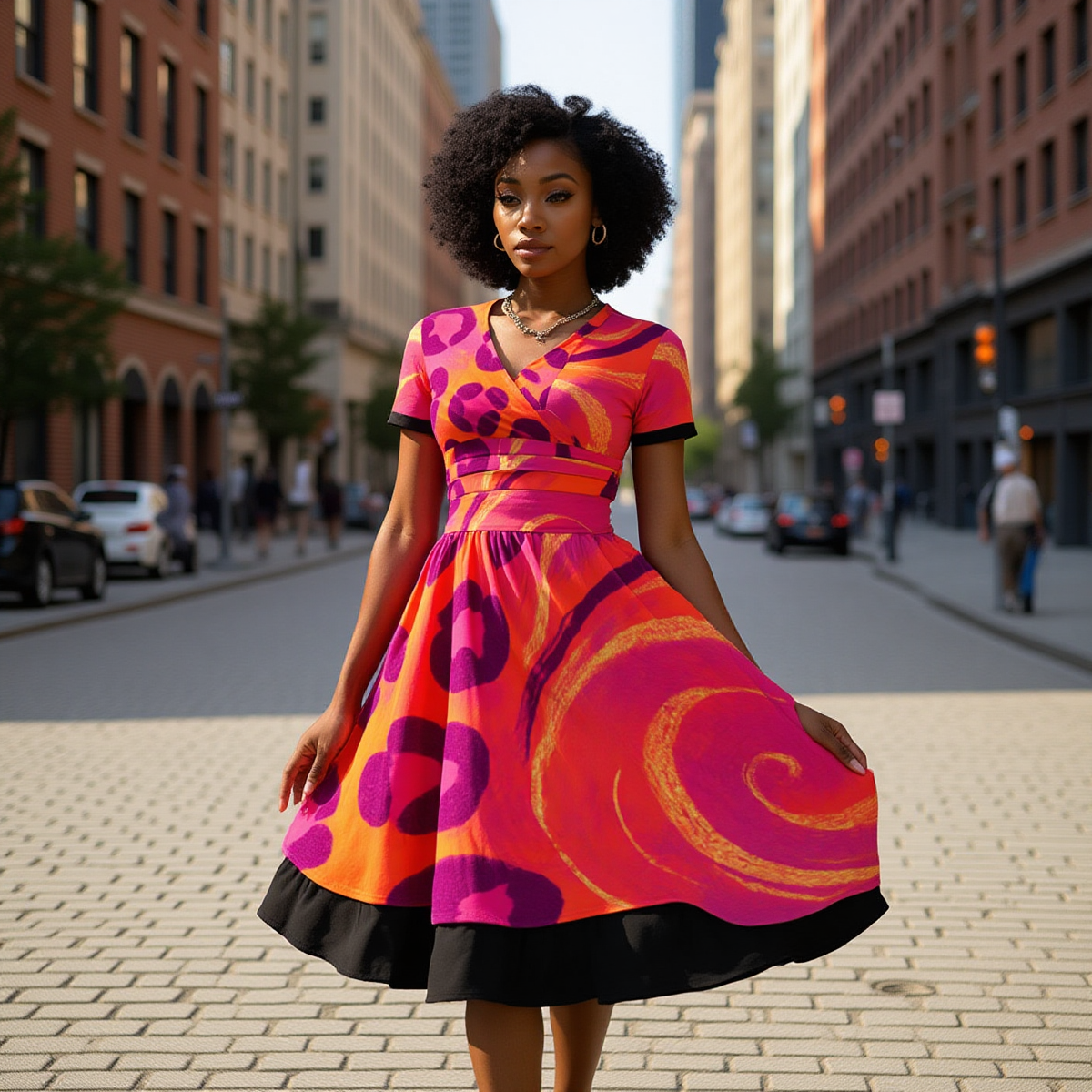 Two-Tone Leopard × Cosmic V-Neck Midi Dress (Short Sleeve)