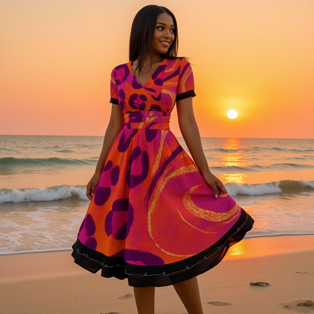 Two-Tone Leopard × Cosmic V-Neck Midi Dress (Short Sleeve)