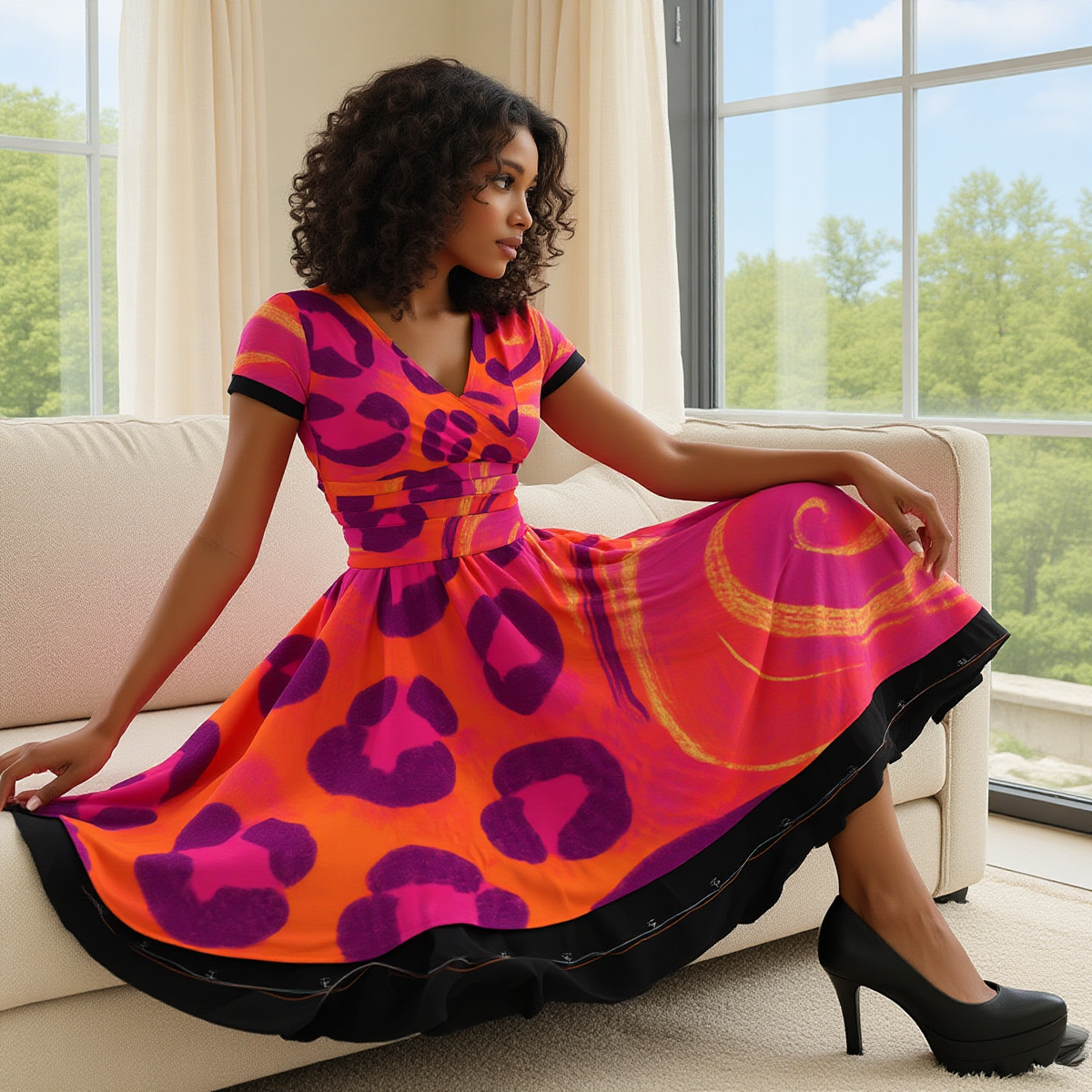 Two-Tone Leopard × Cosmic V-Neck Midi Dress (Short Sleeve)