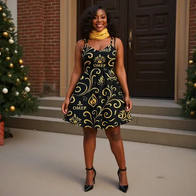 OMEP Luxe Holiday Dress — Black & Gold Spaghetti-Strap Party Dress
