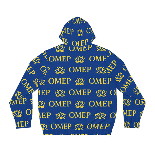OMEP Blue Hoodie with Golden Monogram Men's Full-Zip Hoodie with Lotus Design,