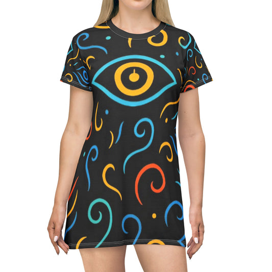 Women's Cosmic Swirl T-Shirt Dress - Black Short Sleeve Cosmic Design