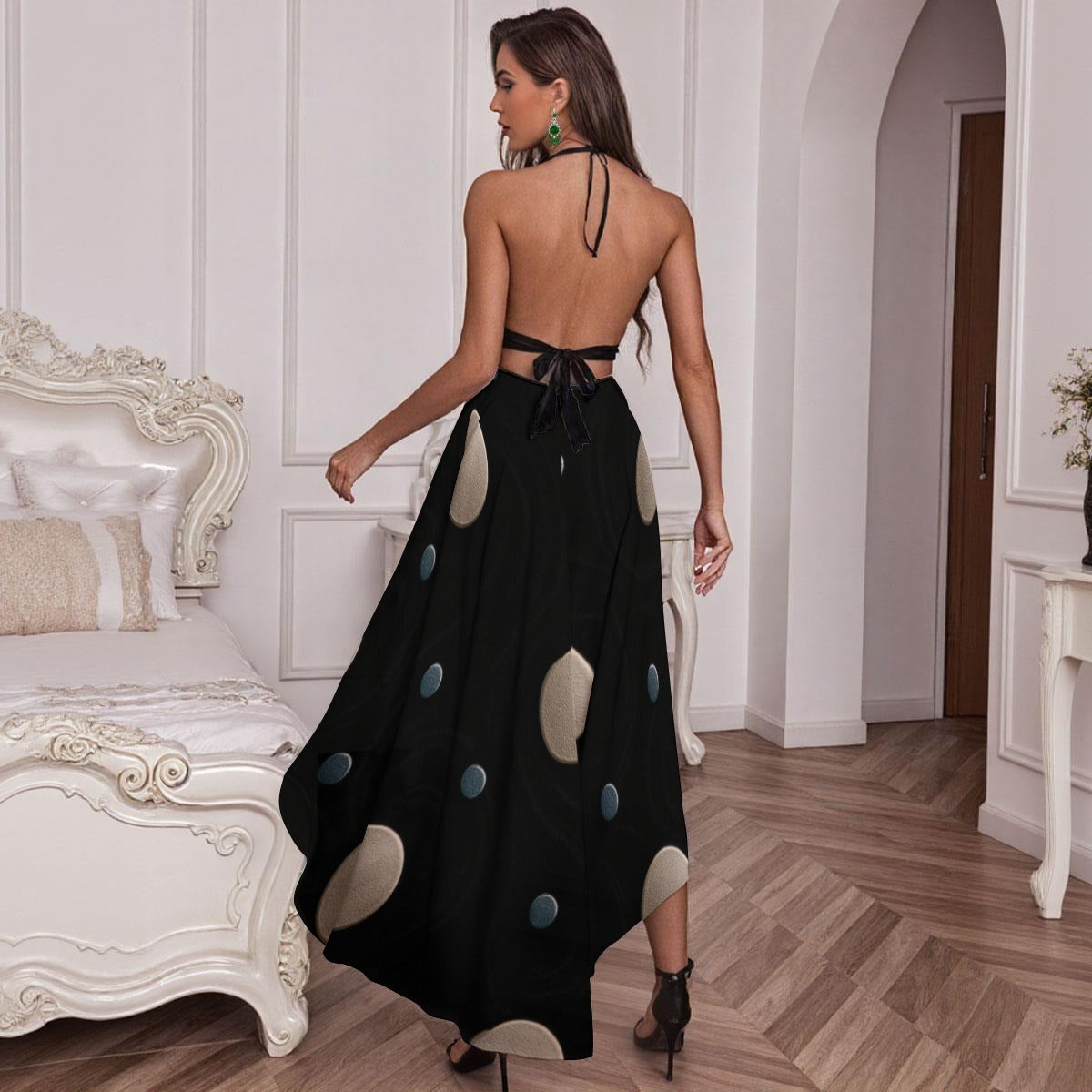 Luxe Holiday Blue & White Polka Dot Lace Halter Maxi Dress