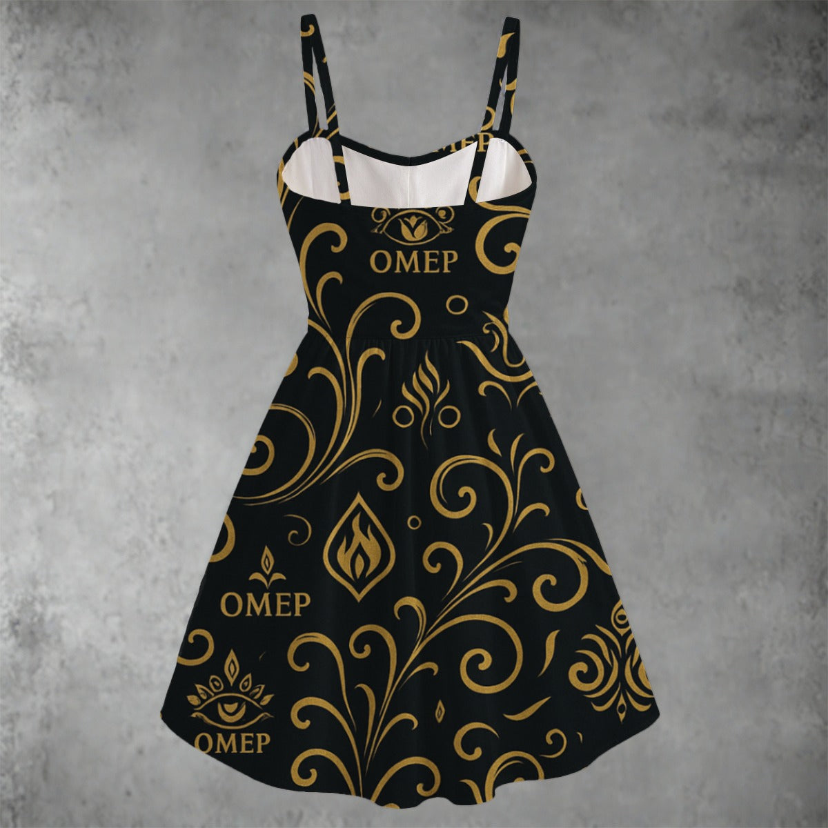 OMEP Luxe Holiday Dress — Black & Gold Spaghetti-Strap Party Dress