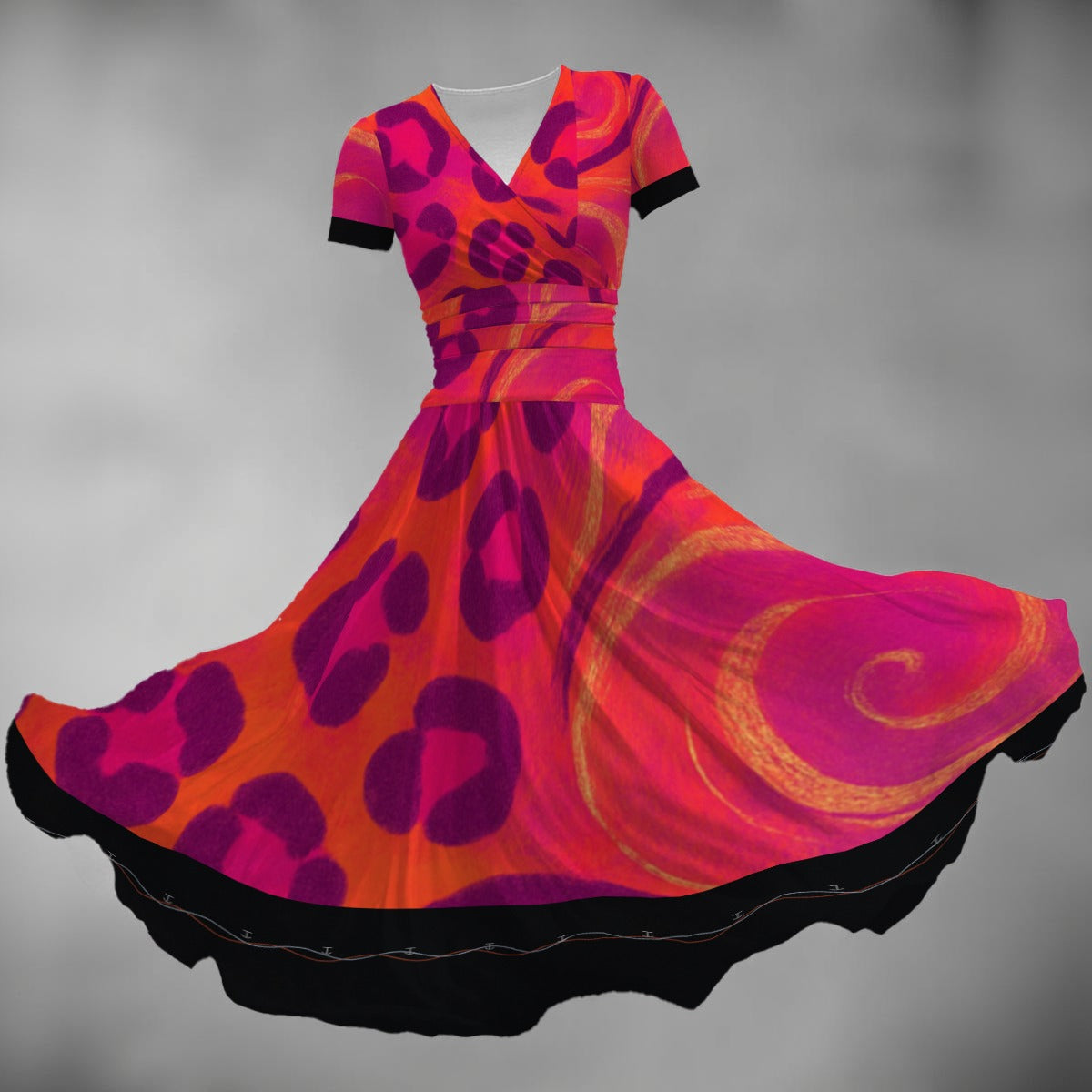 Two-Tone Leopard × Cosmic V-Neck Midi Dress (Short Sleeve)