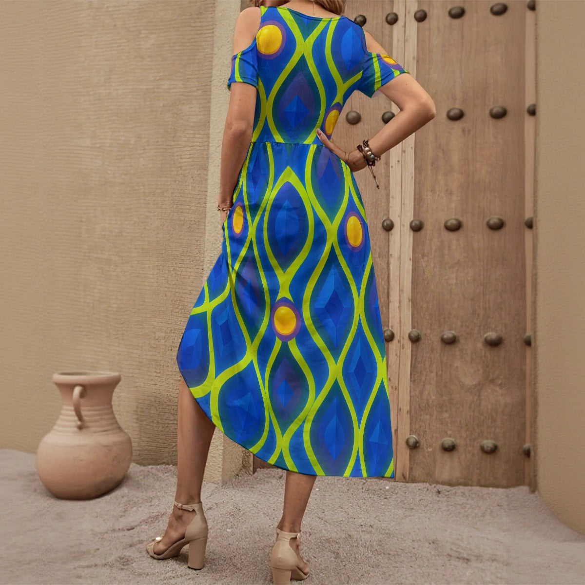 Winter Radiance Cold-Shoulder Midi Dress – Blue & Green Geometric Glow