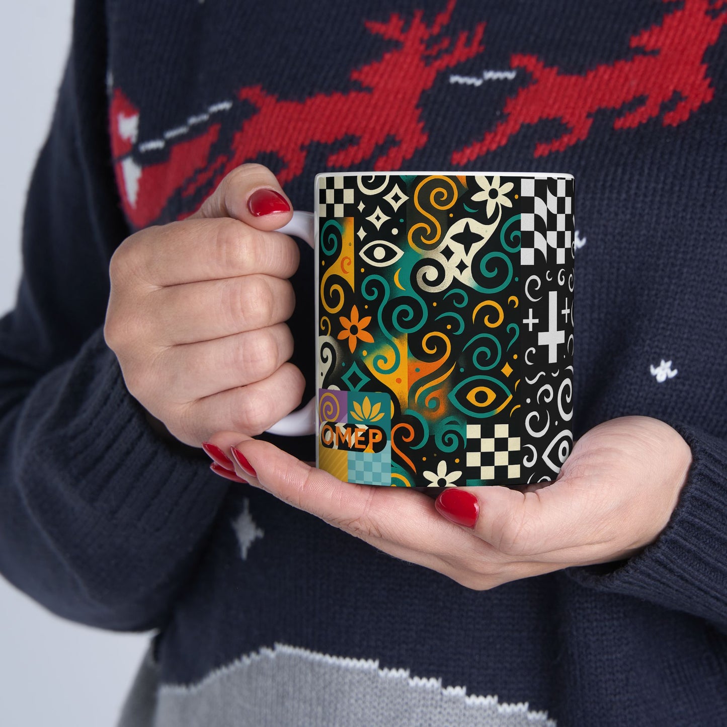 OMEP Abstract Symbol Mug – 11oz Ceramic Coffee Cup - Perfect for Coffee Lovers, Gift for Friends, Home Decor, Unique Kitchenware, Everyday Use