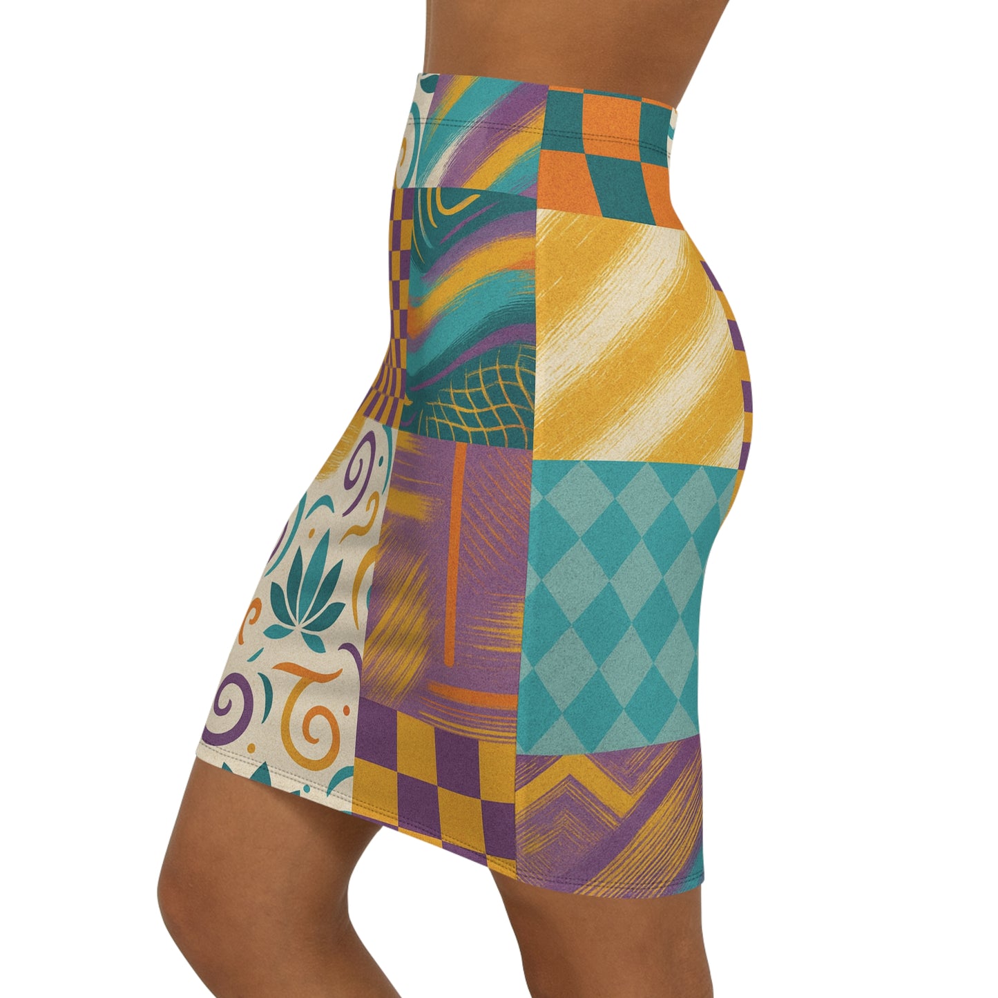 OMEP Patchwork Vibe Women's Mid-Waist Pencil Skirt, Colorful Printed Skirt for Casual Outings, Office Wear, Holiday Parties, Stylish Summer Fashion