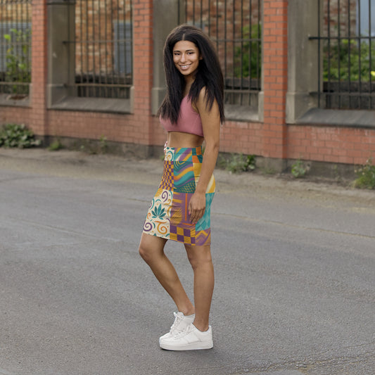 OMEP Patchwork Vibe Women's Mid-Waist Pencil Skirt, Colorful Printed Skirt for Casual Outings, Office Wear, Holiday Parties, Stylish Summer Fashion