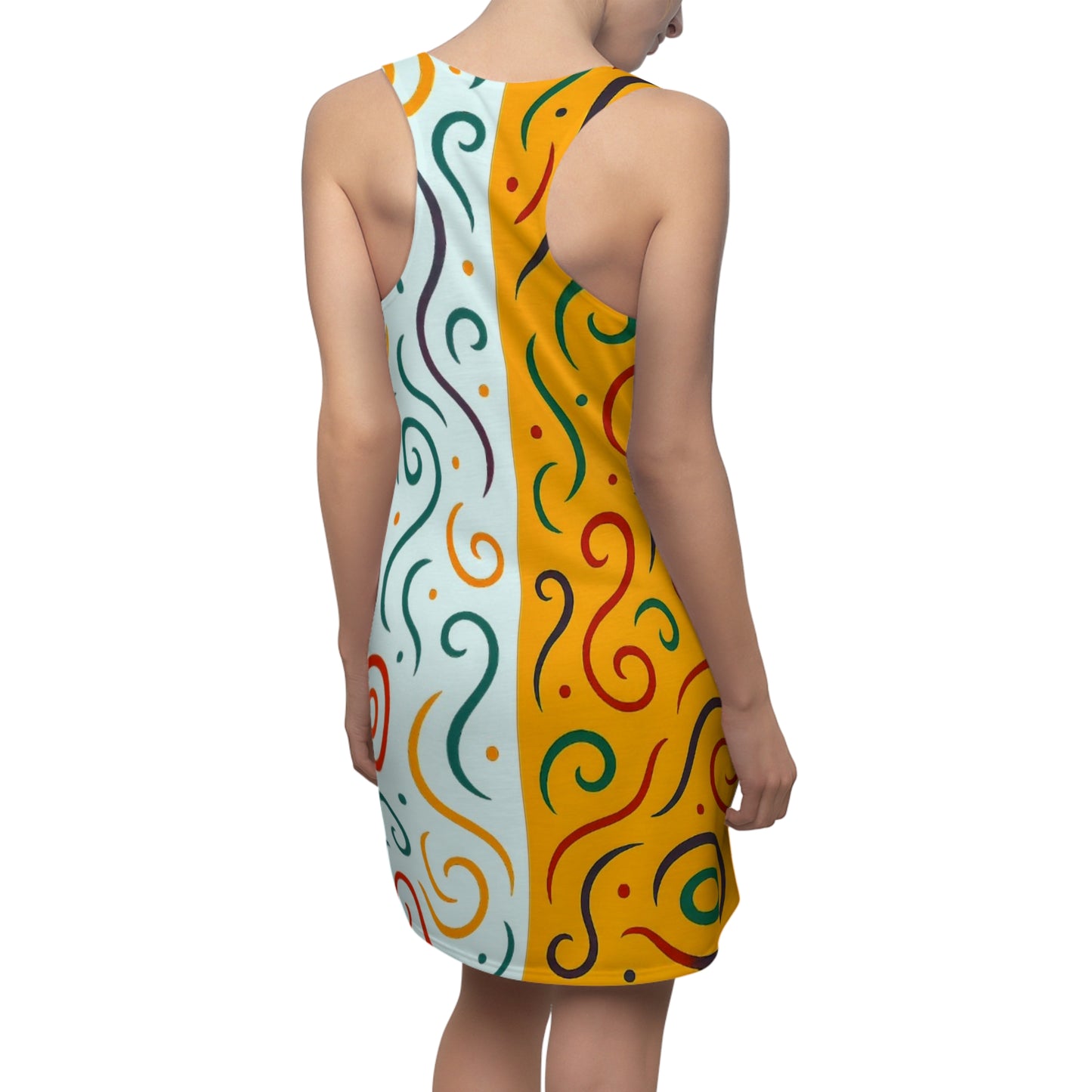 Racerback Dress White & Orange Split Design Swirl Accents