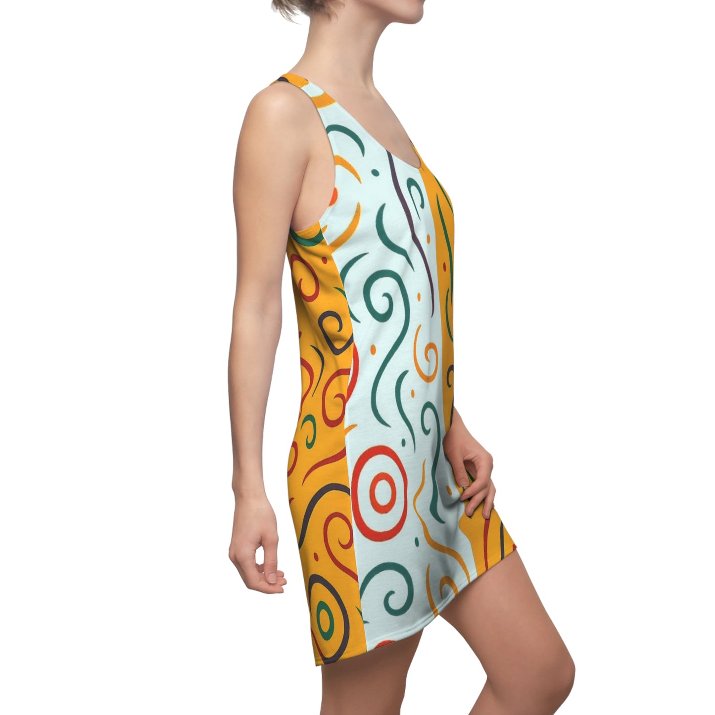 Racerback Dress White & Orange Split Design Swirl Accents