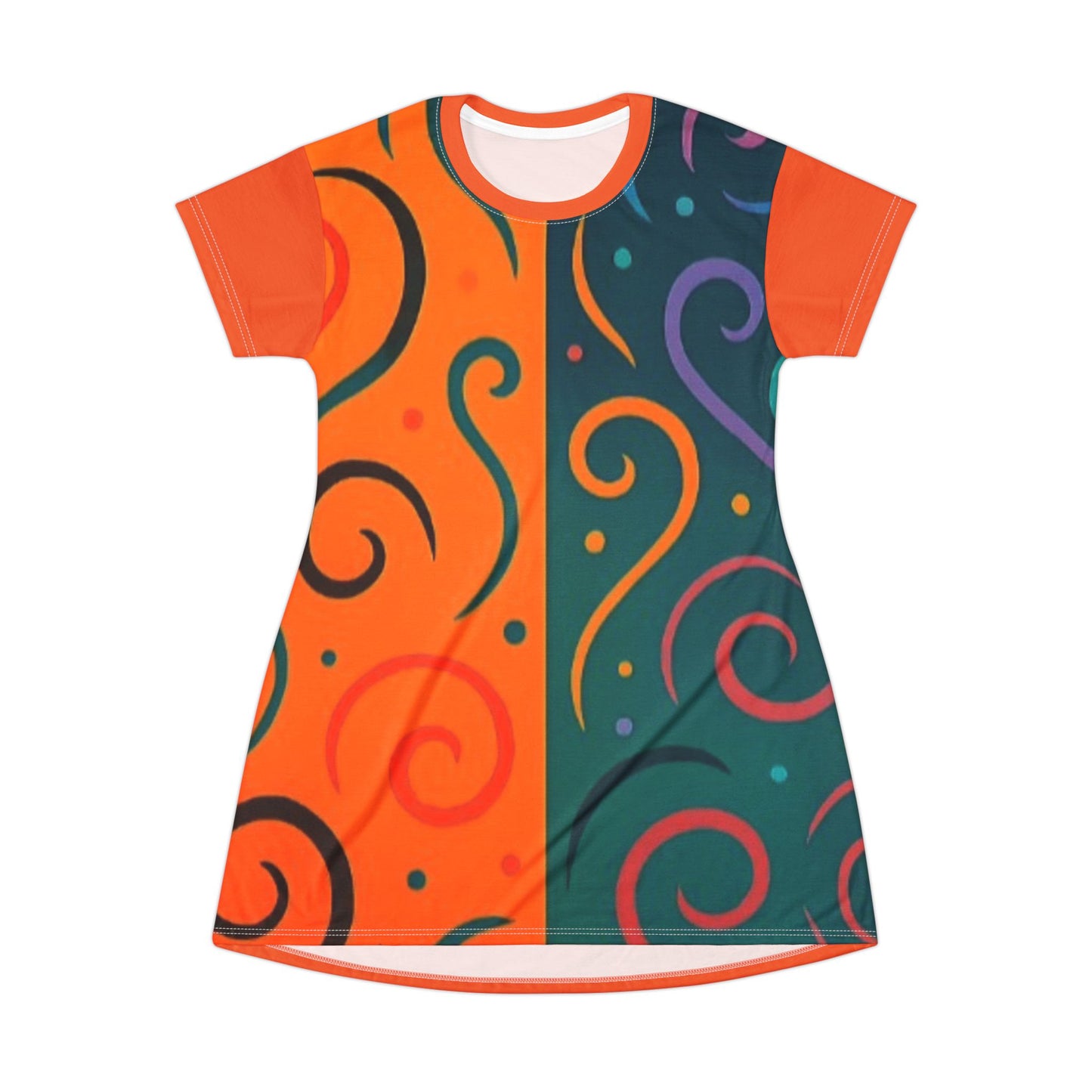 Split Design Orange Teal T-Shirt Dress Lightweight Comfortable Chic Dress for Festivals Summer Vacations Casual Outings