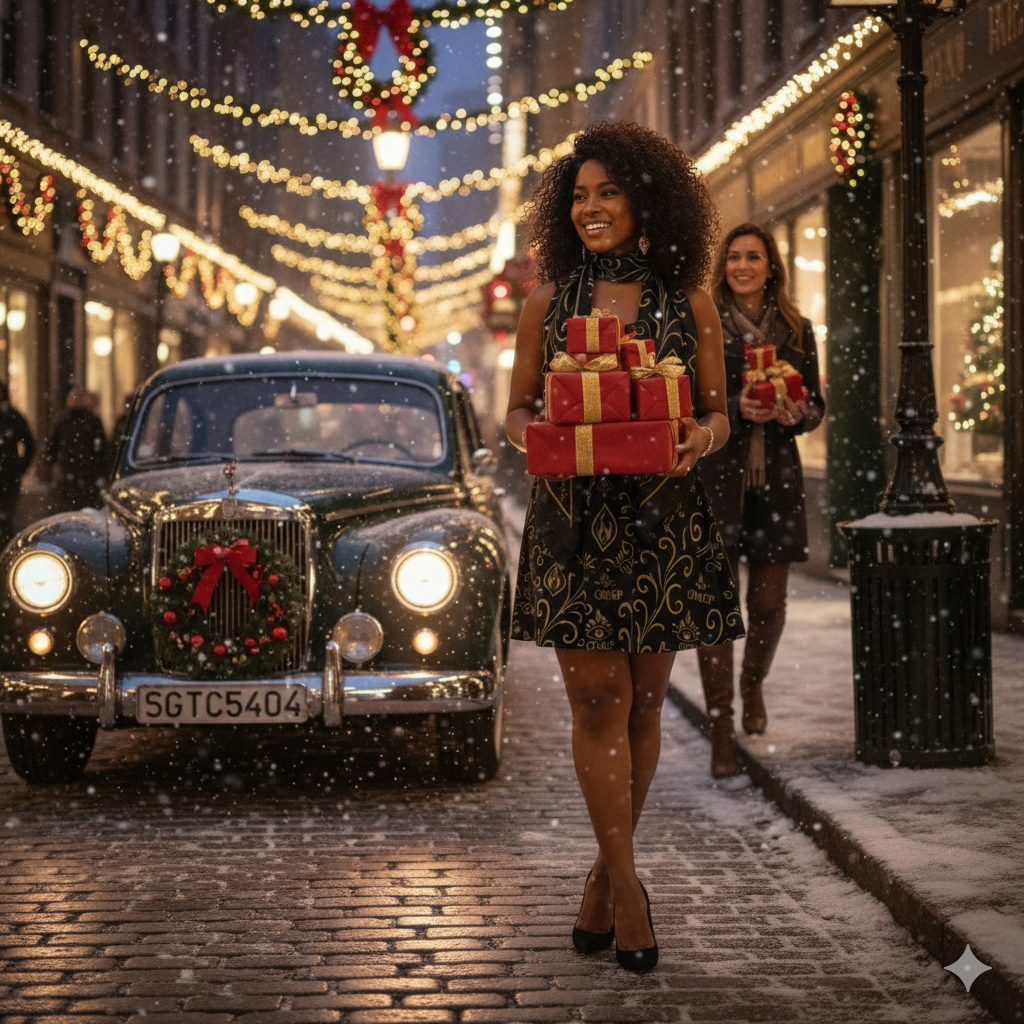 Black & Gold Luxe Spaghetti Strap Dress  Double-Scarf Bundle