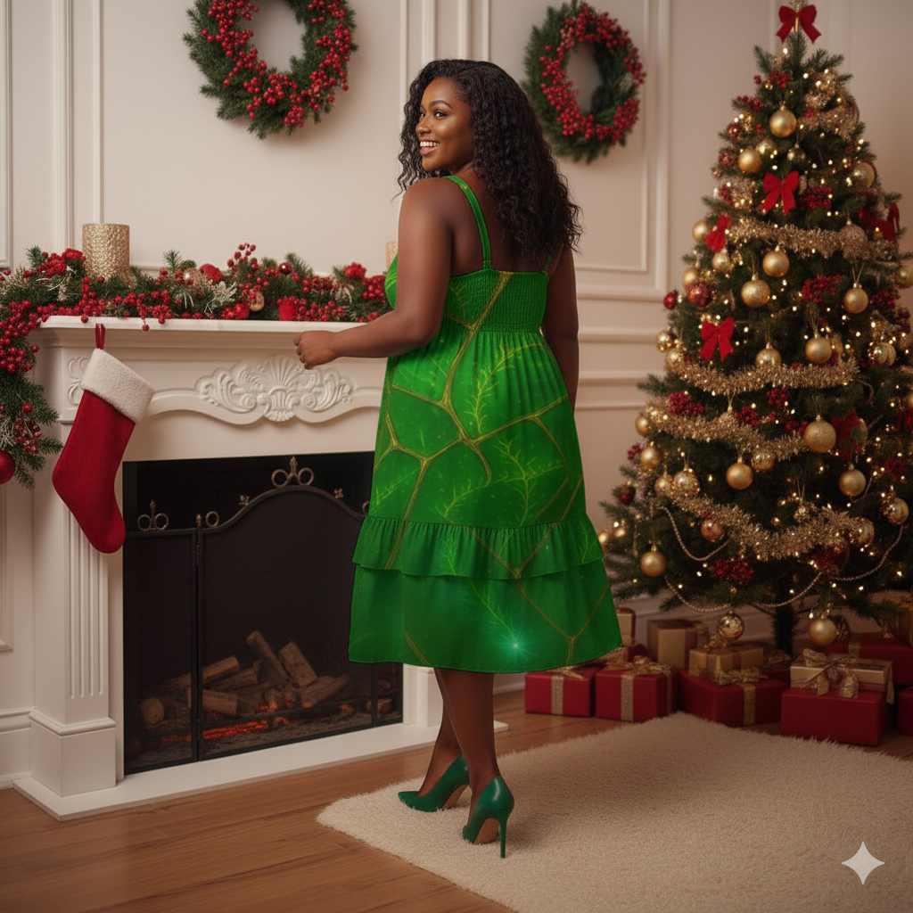 Emerald Veins Ruffle Maxi Dress (Green-Gold)