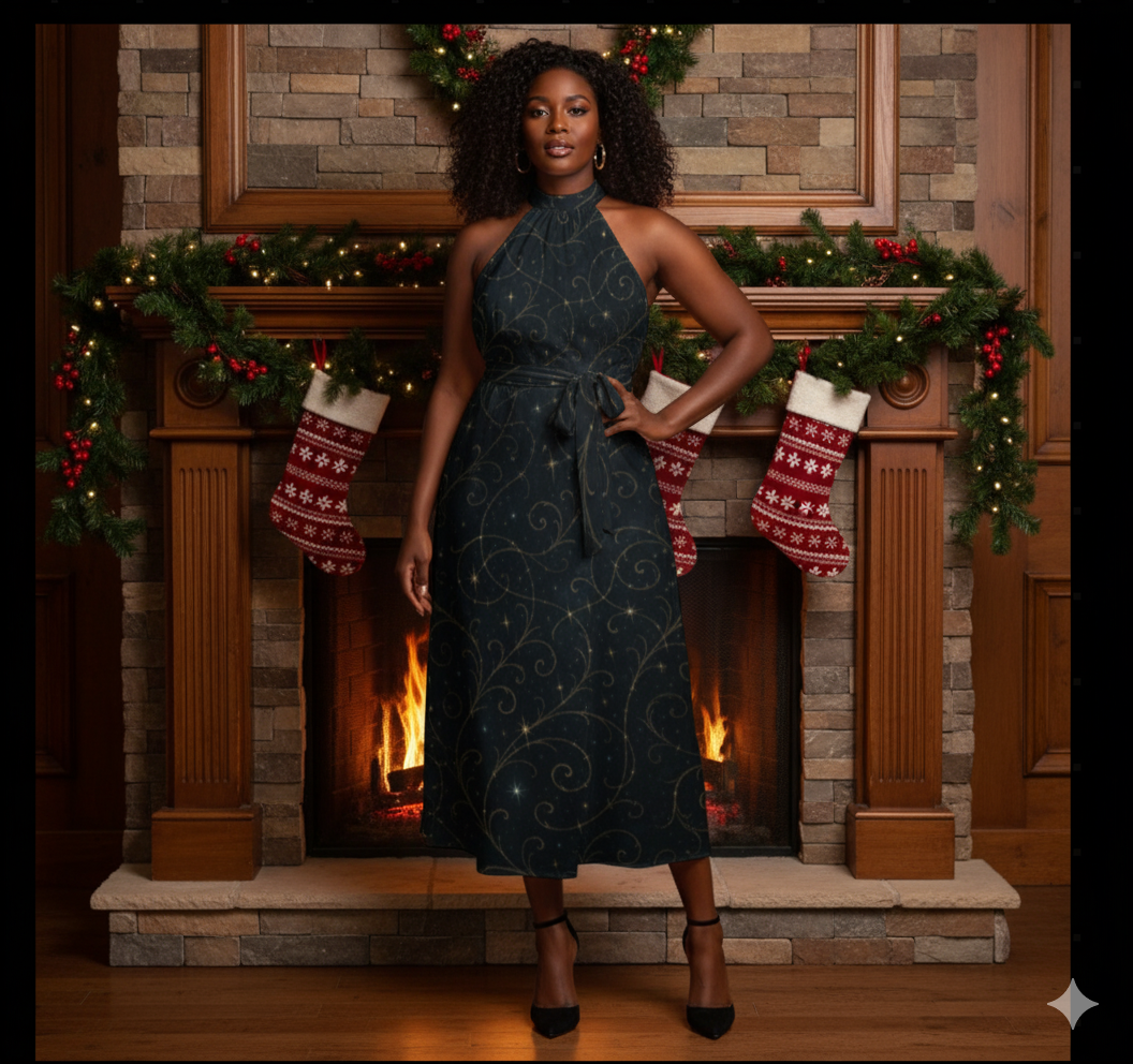 Silent Night Luxe Dress – Halter Maxi with Constellation Print