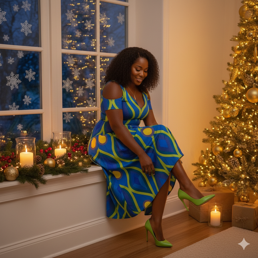 Winter Radiance Cold-Shoulder Midi Dress – Blue & Green Geometric Glow