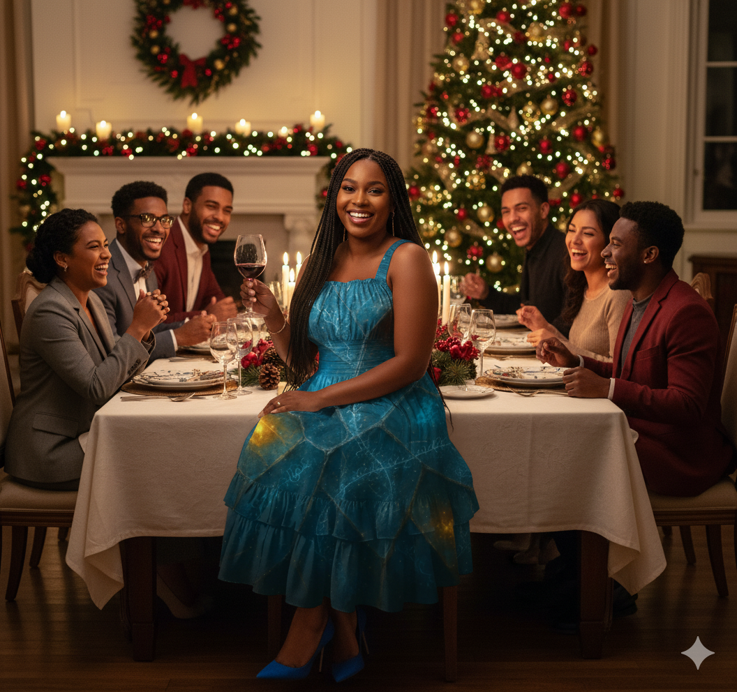 Nebula Veins Ruffle Maxi Dress (Blue-Gold)