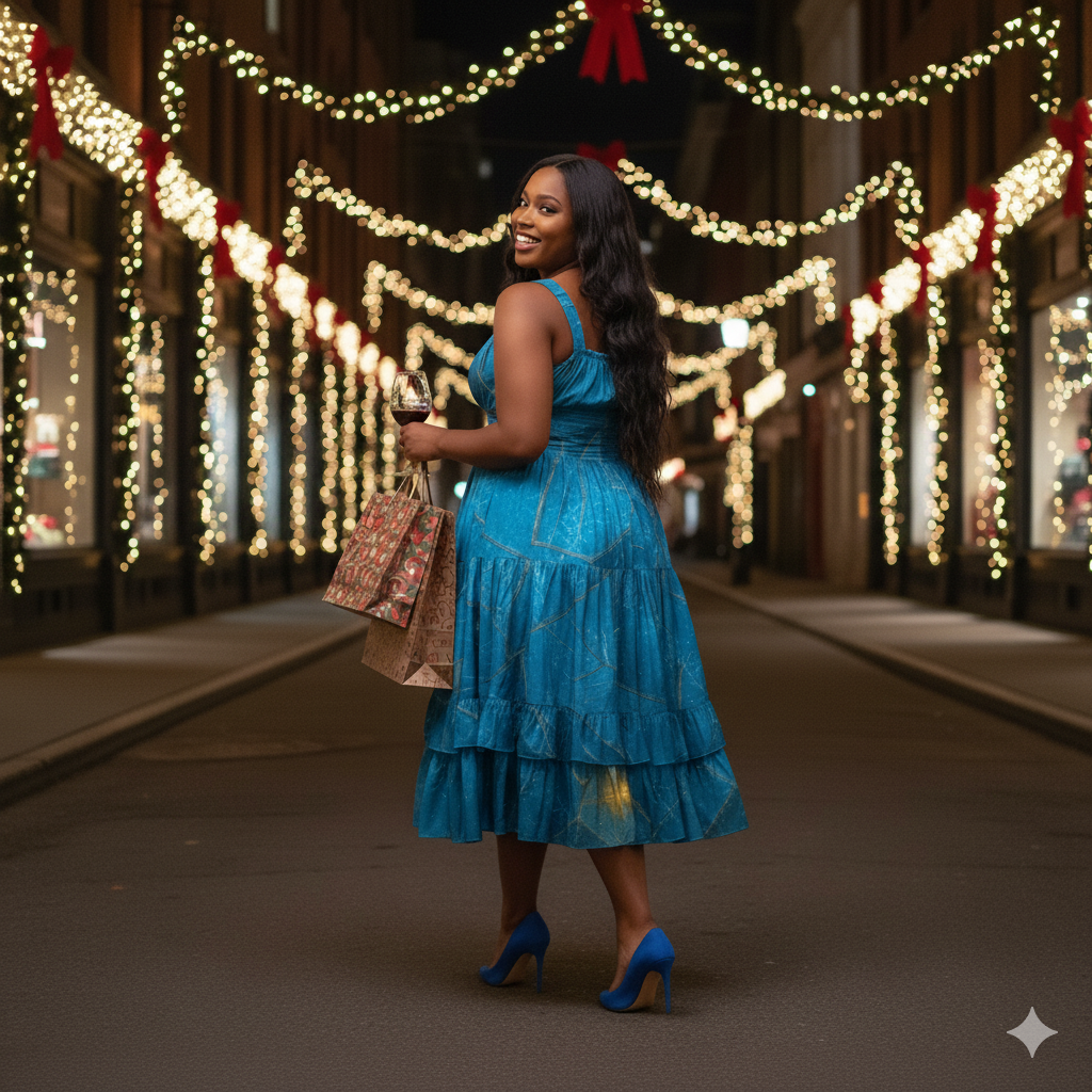 Nebula Veins Ruffle Maxi Dress (Blue-Gold)