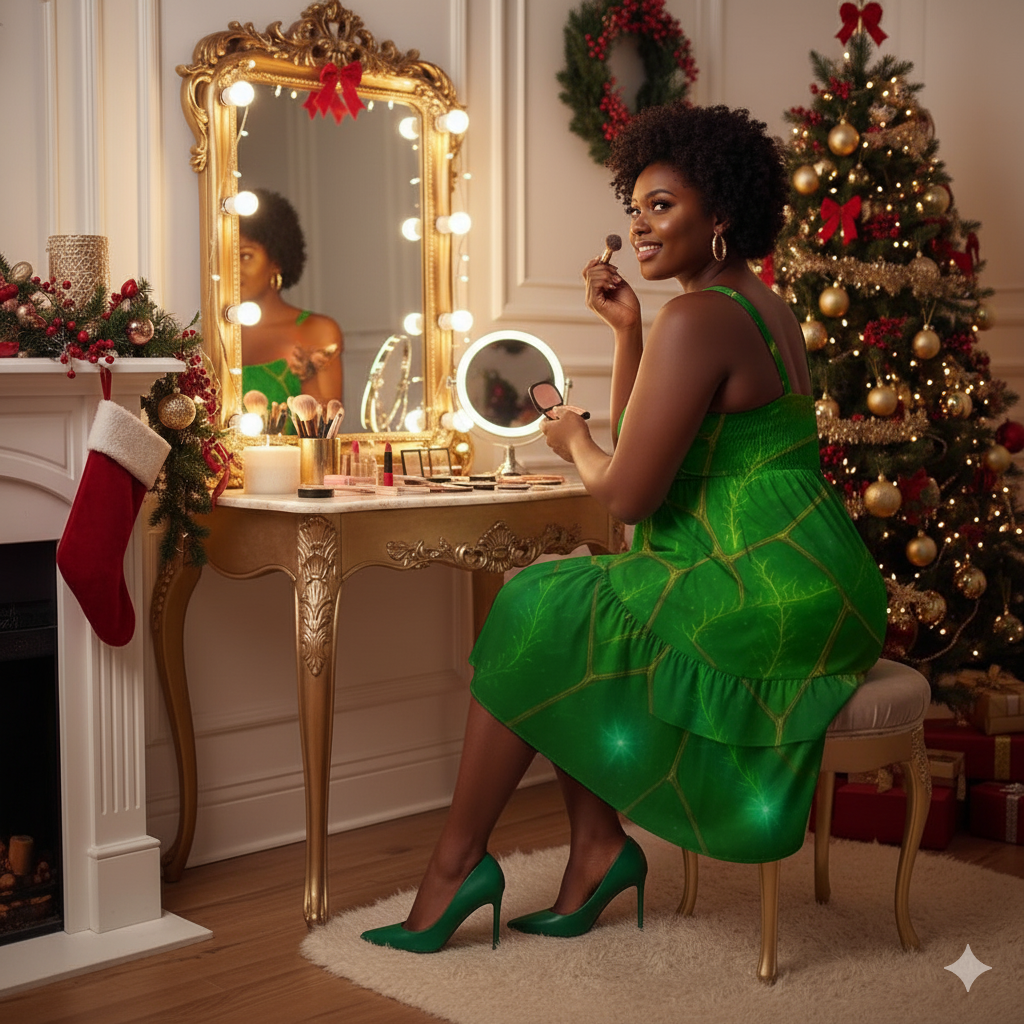 Emerald Veins Ruffle Maxi Dress (Green-Gold)